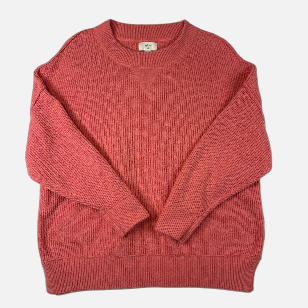 Aerie Women's Oversized Ribbed Knit Crewneck Sweater Rose Pink Barbiecore Large